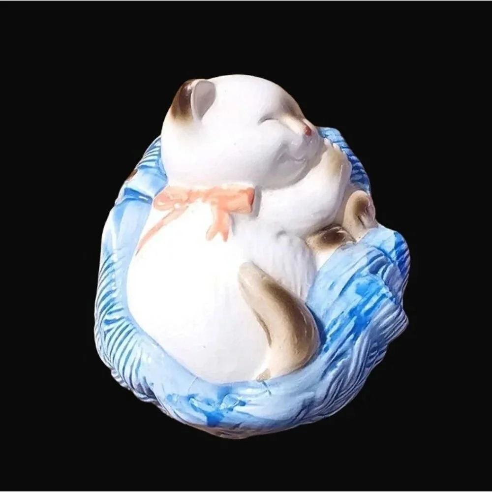 Vtg 1983 AVON Ceramic Potpourri Pomander Sleeping Kitten In Basket Made in Japan - Picture 4 of 13